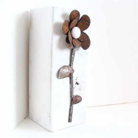 White Wood Block Decorative Tabletop Decor Recycled Metal Flower Cottage Chic
