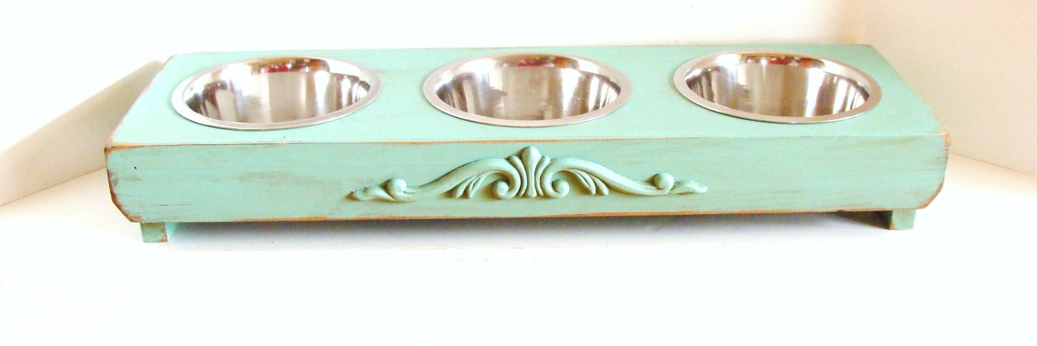 3 Bowl Cat Feeder Elevated Dog Bowl Holder Feeding Dish Aqua Blue Shabby Cottage French Country