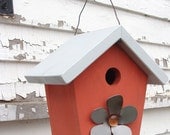 Decorative Birdhouse, Home and Garden Birdhouse, Metal Flower, Wood Birdhouse, Coral and Grey - baconsquarefarm Decorative Birdhouse, Home and Garden Birdhouse, Metal Flower, Wood Birdhouse, Coral and Grey - baconsquarefarm