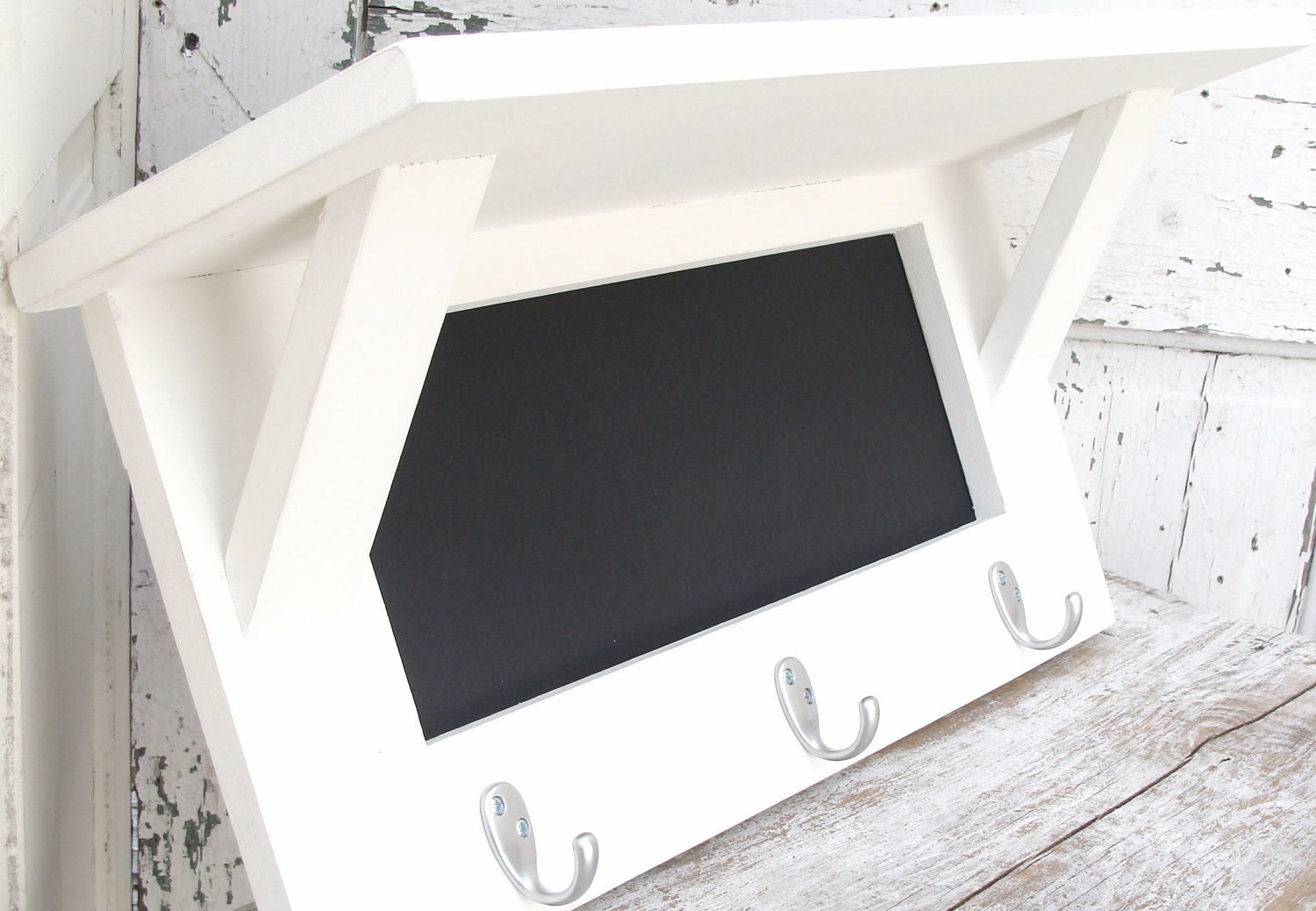 Chalkboard Coat Hook Key Hook Rack Chalkboard Shelf Chalk Board Wall Hanging Childrens Decor White Cottage Chic Modern Rustic