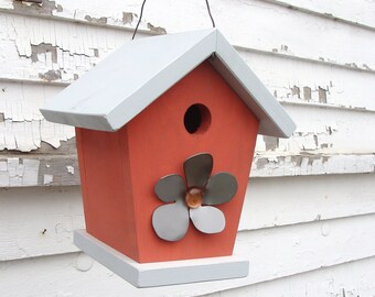 Coral & Grey Birdhouse with Handcut Metal Flower Cottage Beach French Country Bird House Fathers Day Gift