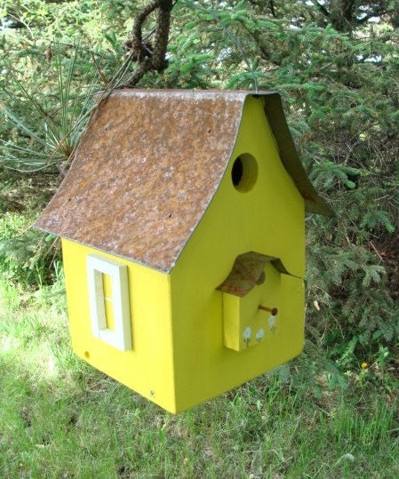 Bird House Garden Decor Birdhouse Recycled Rustic Metal Roof Lemon Yellow