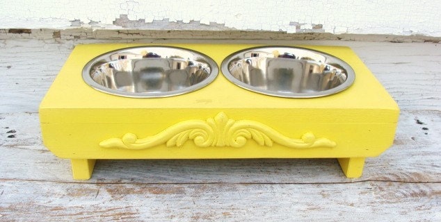 Dog Bowl Holder Raised Feeding Station Pets Cats Dogs Feeder Elevated Style Lemon Yellow Beach Cottage French Country