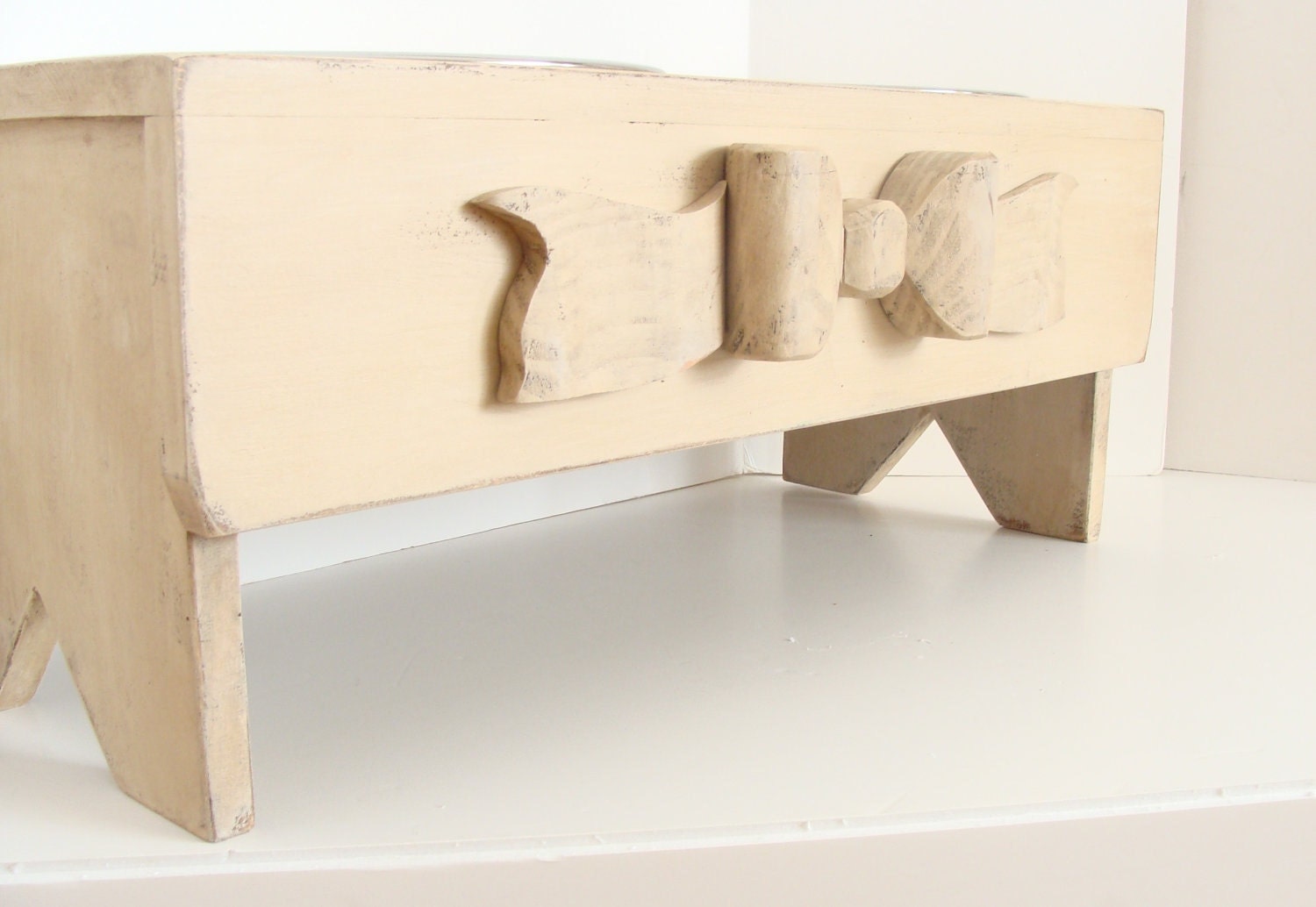 Large Dog Bowl Holder Wooden Bow & Ribbon Custom Pet Dish Rustic Dog Bowl Shabby Cottage Antique White Pet Furniture
