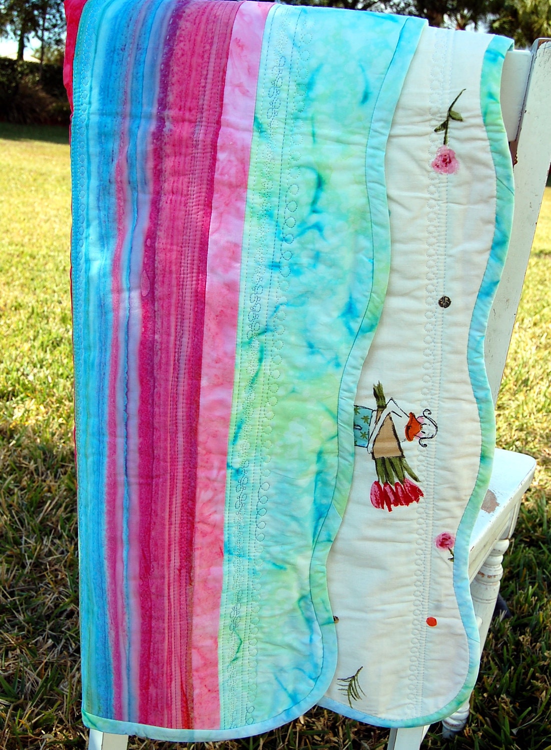 Lush Pink and Blue Striped Batik Baby Girls Quilt with Ikea Backing