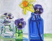 Now marked down Spring Trio flower original mixed media painting by Polly Jones