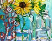 Sunflowers in Honey Jars original mixed media painting