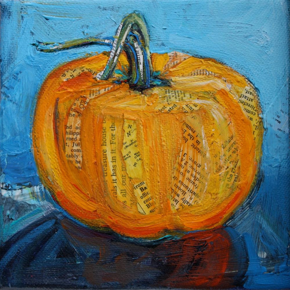 Original mixed media pumpkin painting by Polly Jones