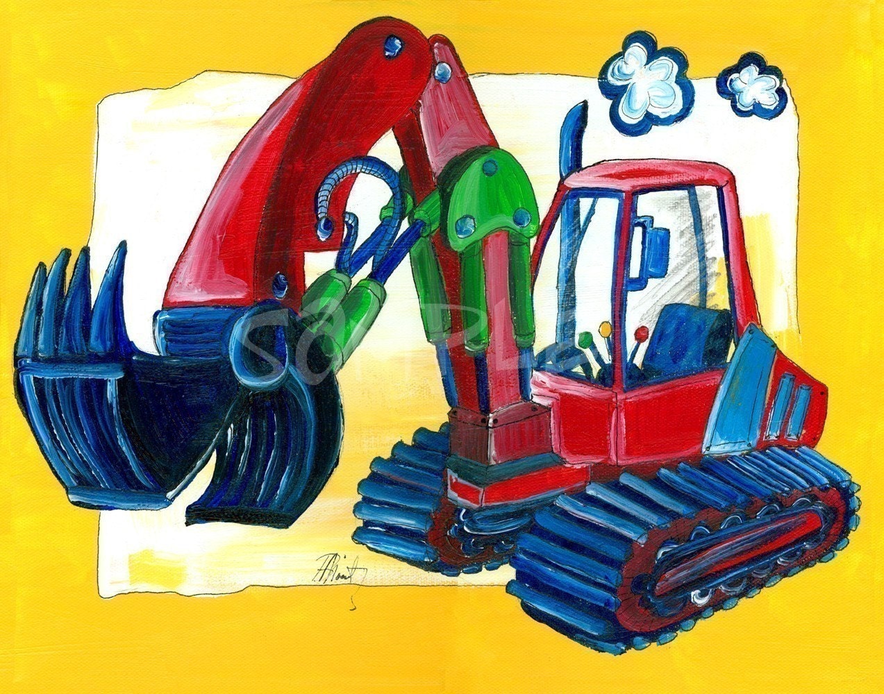 Contruction Art, Nursery Art Excavator Print, 8x10