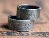 Wide rustic rock texture wedding band, 10mm, sterling wedding ring set, artisan metalsmith, unisex bands
