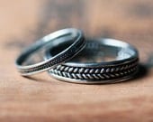 Wedding ring set - recycled sterling silver - wedding bands - oxidized - chevron - wheat braid - custom made to order