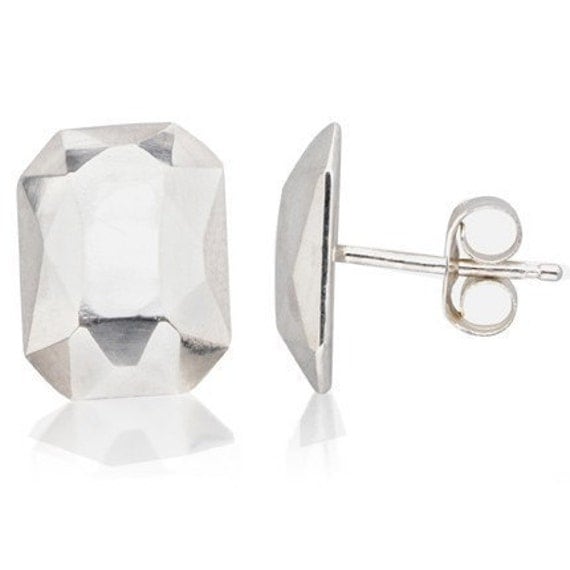 Emerald cut stud earrings - Faceted diamond like- recycled sterling silver - faceted metal - ready to ship - Modern Rock