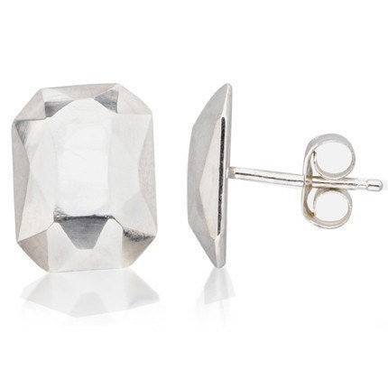 Emerald cut stud earrings - Faceted diamond like- recycled sterling silver - faceted metal - ready to ship - Modern Rock