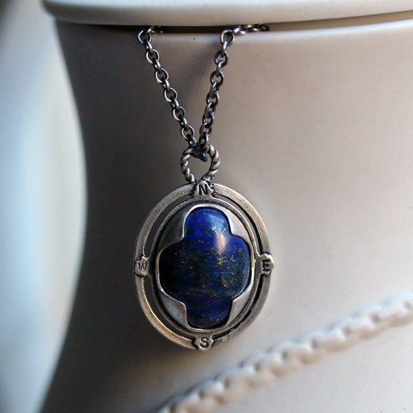 Blue lapis compass necklace - chilean lapis lazuli cabochon - graduation gift - bezel set - compass rose - Find your way