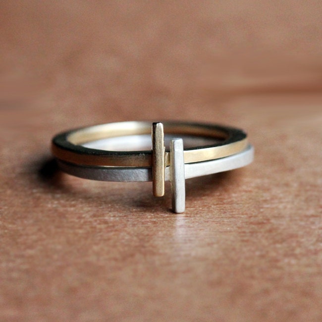 Modern stack rings - geometric rings - 14k gold and recycled sterling silver - recycled - eco friendly - metropolis - made to order