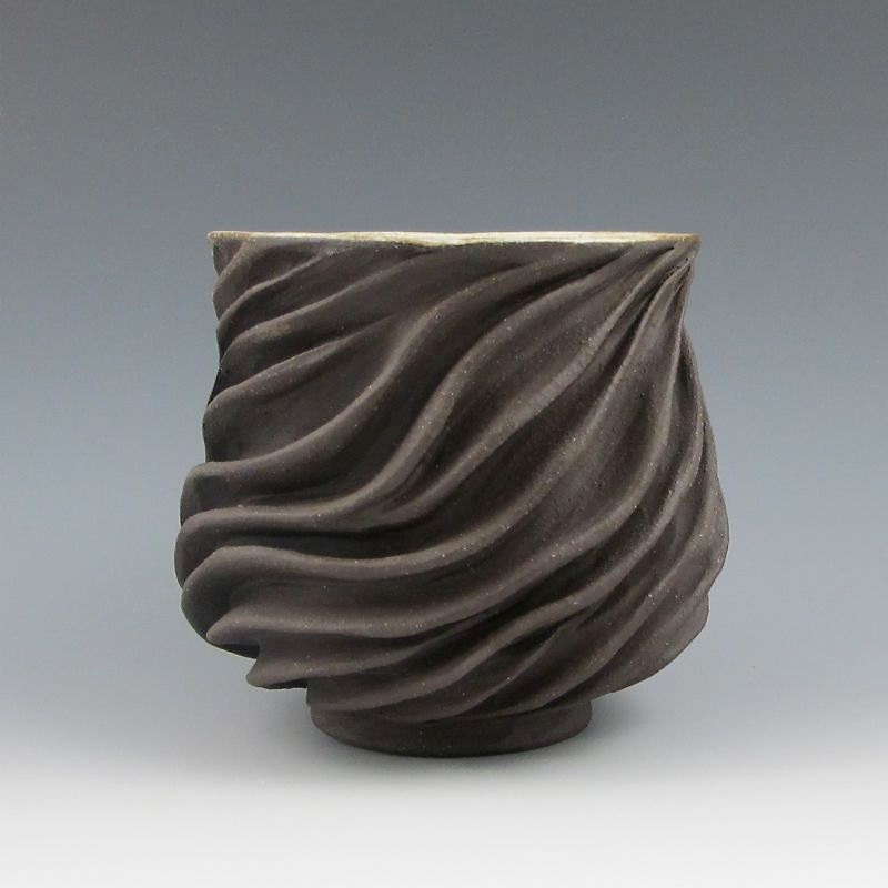 Carved Modern Sculptural Ceramic Pottery Tea Bowl Chocolate Brown Stoneware