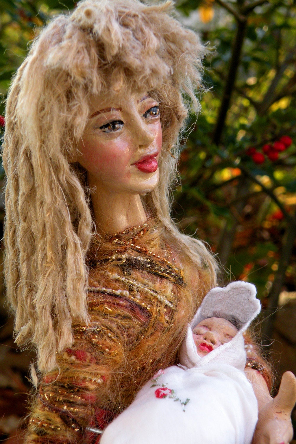 MOTHER AND CHILD one of a kind elemental folk art doll