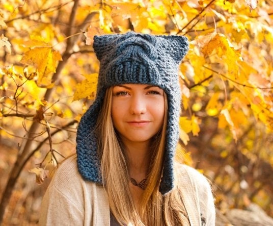 Hand Knit Hat Womens Hat - The Dragon Slayer Ear Flap Hat in Blue Berry