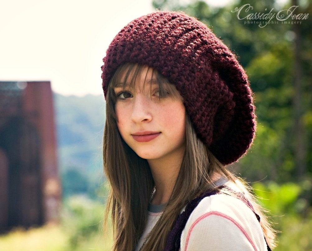 Hand Knit Hat Womens Hat - The Slouch Hat in Oxblood Wine