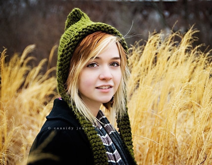Hand Knit Hat Womens Hat - Pixie Hat in Olive Green - Knitted Hat