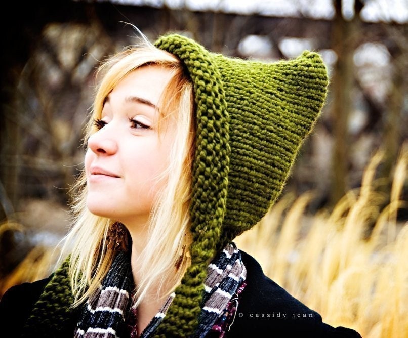 Hand Knit Hat Womens Hat - Pixie Hat in Olive Green - Knitted Hat