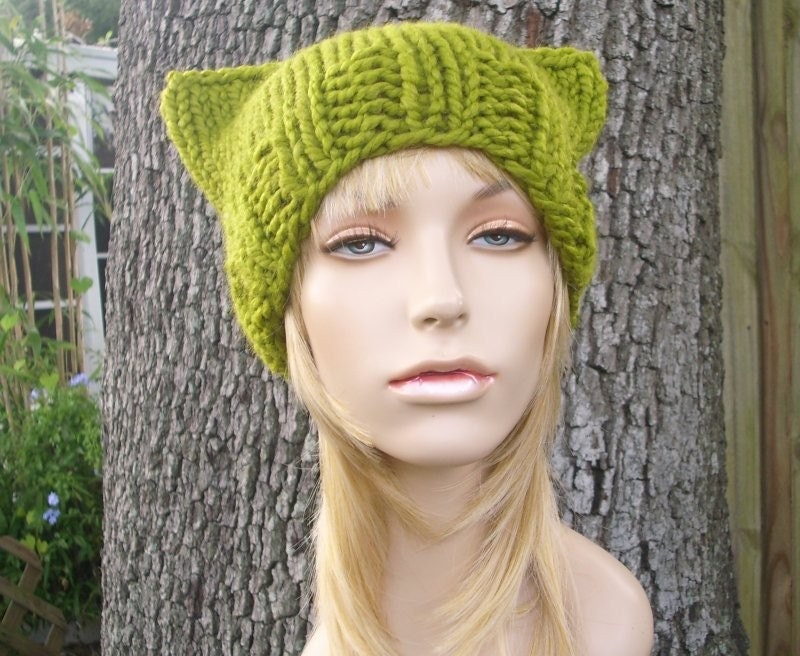 Hand Knit Hat Womens Hat - Cat Beanie Hat in Lemongrass