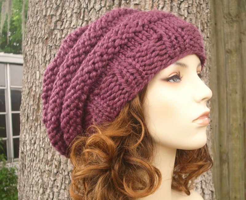 Hand Knit Hat Womens Hat - Oversized Beehive Beret Hat in Fig Purple
