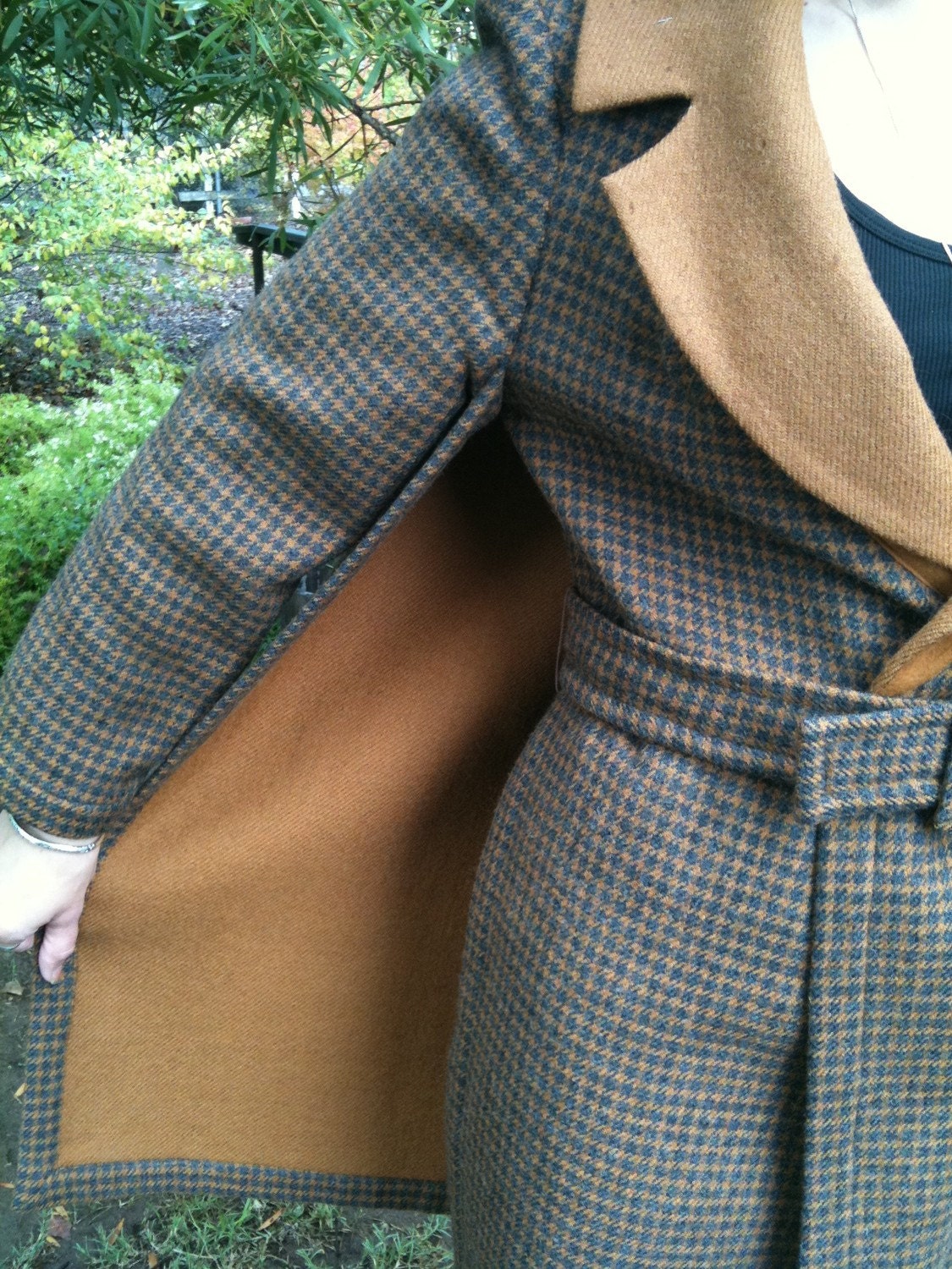 Vintage Gray and Camel Brown Houndstooth Belted Cape Coat Seventies