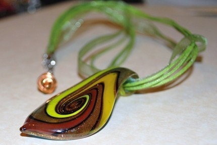 Handcrafted Ribbon Necklace Big Swirl Glass Pendant Handmade Jewelry Green Yellow Gold