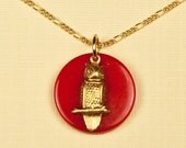Vintage Owl Necklace set on Red Lucite Circle