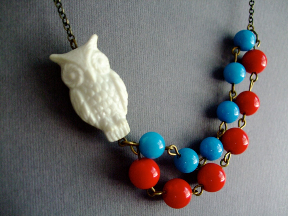 Owl Necklace,Owl Jewelry,Retro Necklace,Bridesmaid Jewelry, Stone Necklace,Red Jewelry,Aqua Necklace (Free matching earrings)