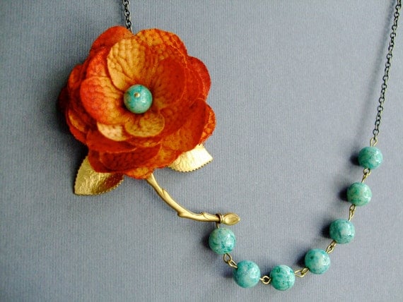 Fabric Flower Necklace,Orange Necklace,Bridesmaid Necklace,Stone Necklace (Free matching earrings)