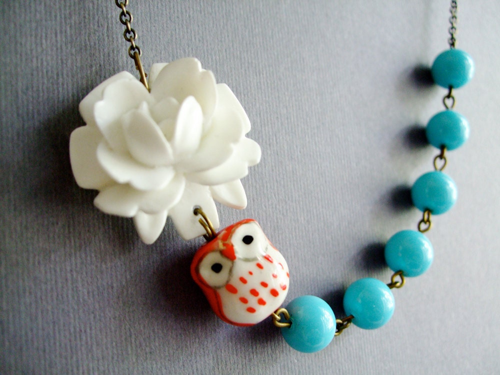 Gift,Owl Necklace,Owl Jewelry,Aqua Jewelry,Flower Necklace,Bridesmaid Necklace,White Flower (Free matching earrings)