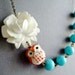 Gift,Owl Necklace,Owl Jewelry,Aqua Jewelry,Flower Necklace,Bridesmaid Necklace,White Flower (Free matching earrings)