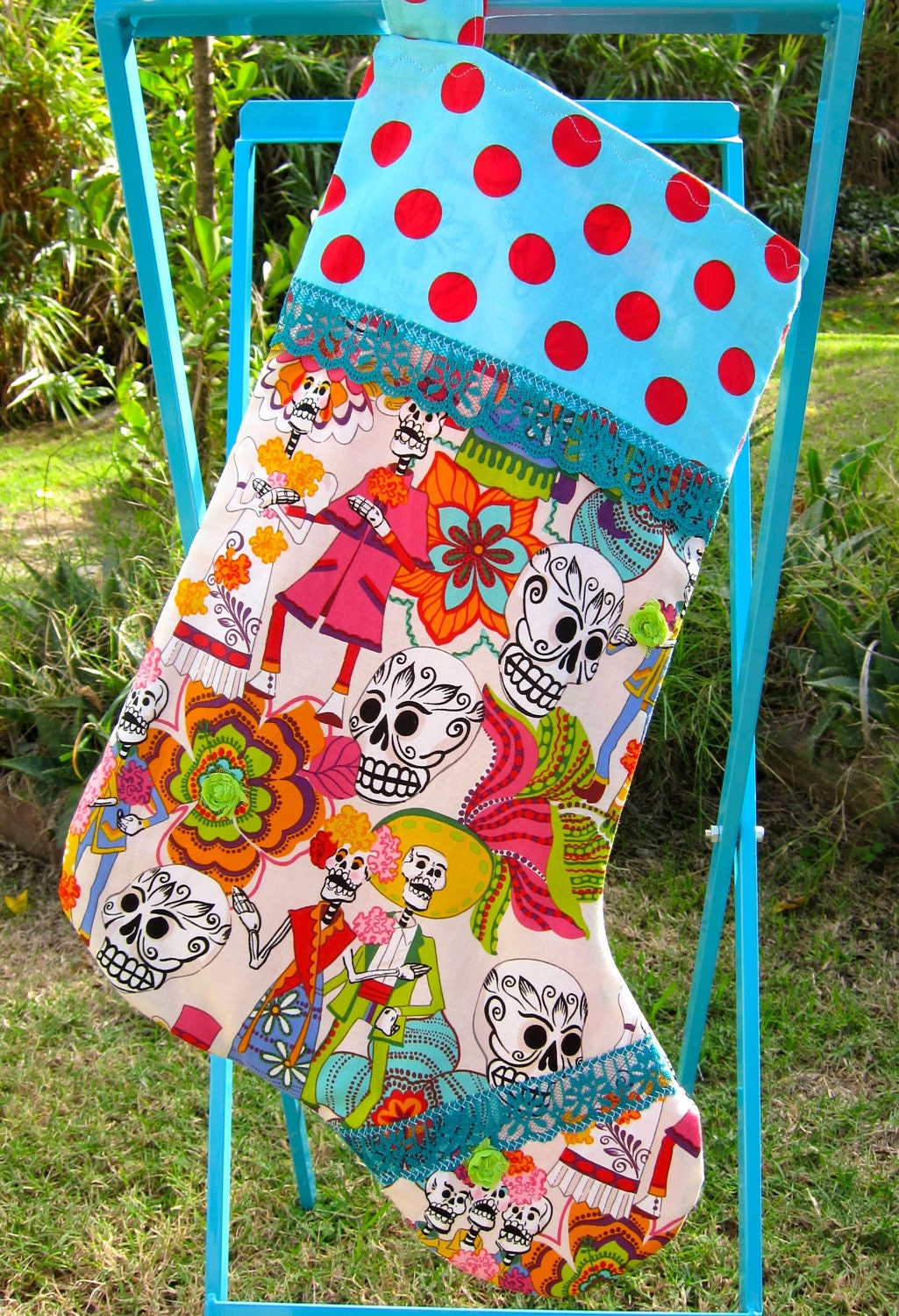 Dia de los MUERTOS Mexican Christmas Stocking Aqua Dot Custom