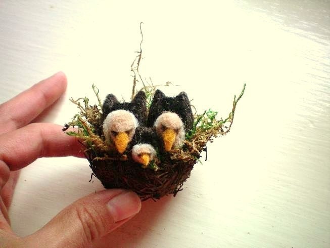 Mini Felted Vulture Family Of Three