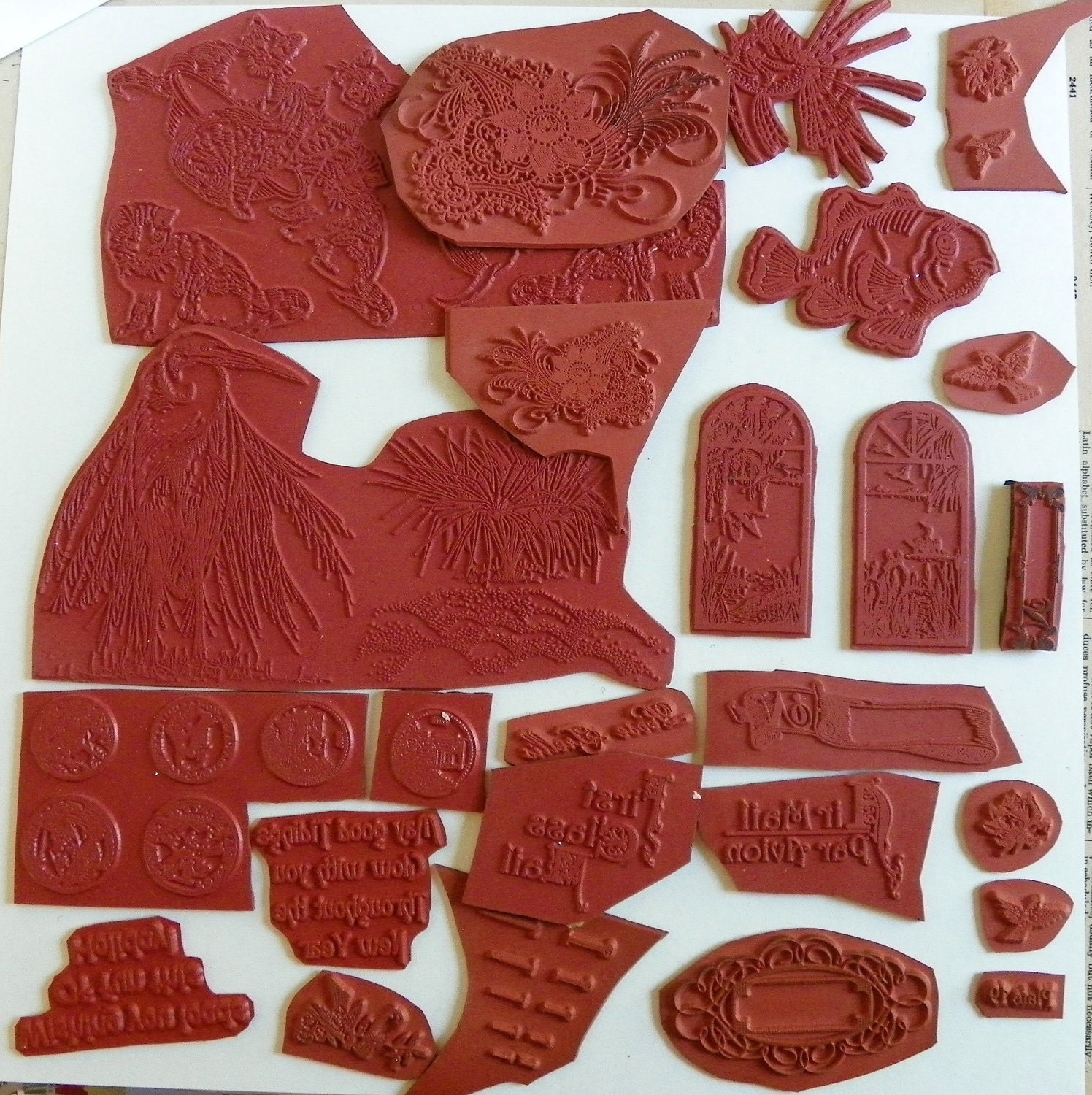 Stamp Destash Unusual Unmounted Rubber Stamp Grab Bag Cats Fish Roses Birds Labels SALE