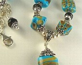 Turquoise Lampwork Necklace - Turquoise Raku Lampwork Necklace with Smoky Quartz and Sterling Silver