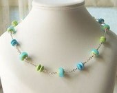 Lampwork Beaded Necklace  Lime Green and Light Blue Turquoise Necklace and Earrings with SRA Lampwork and Hill Tribe Sterling Silver