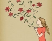 Blossom ( red ) - wall decor art print of ink drawing illustration