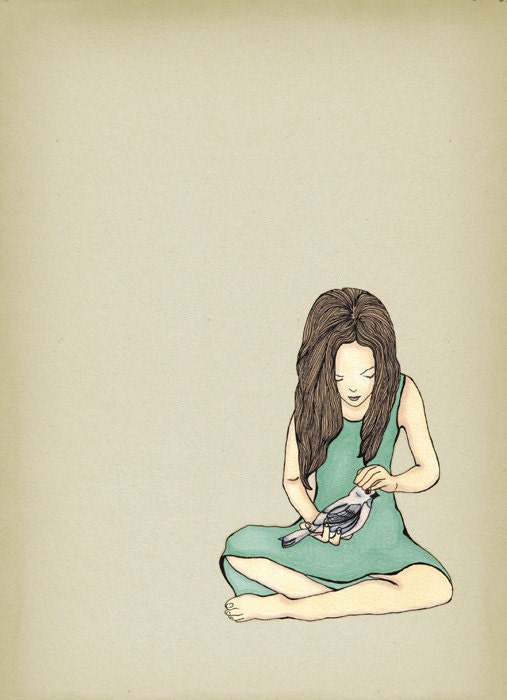 In Safe Hands ( blue ) - girl and bird art print of ink drawing illustration wall art decor