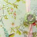 Handmade journal / notebook made with floral colorful & silver fabric opens with crystal embedded green enamel button and pink satin ribbon