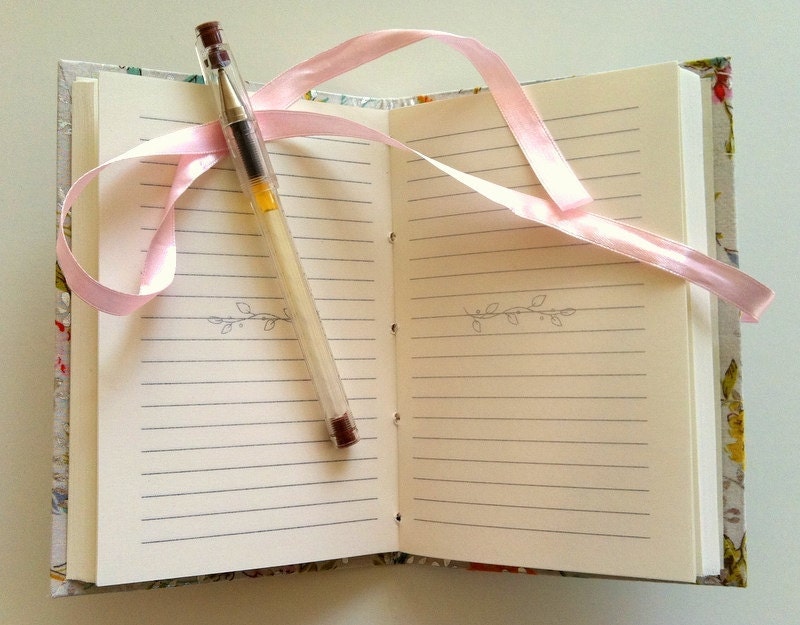 Handmade journal / notebook made with floral colorful & silver fabric opens with crystal embedded green enamel button and pink satin ribbon
