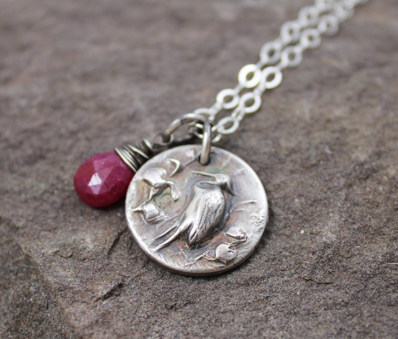 The Crane- Fine Silver And Ruby Necklace