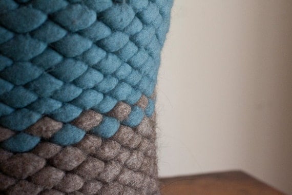 Wool felt knit pod vessel in slate blue and natural gray brown