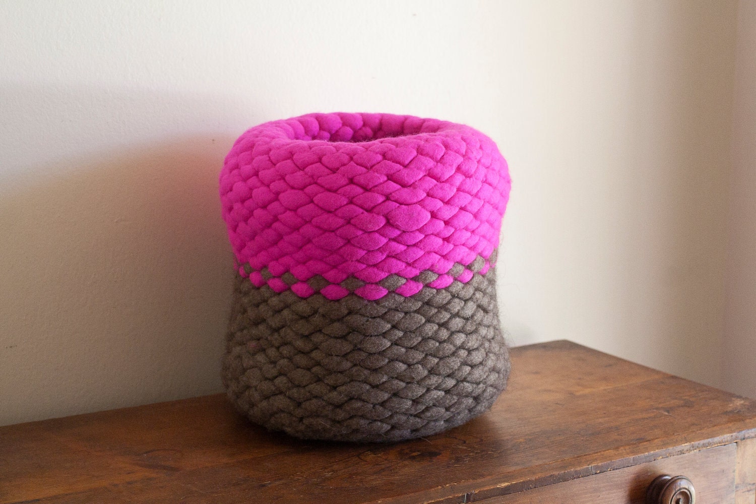 Wool felt knit pod vessel in hot pink and natural gray brown