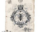 Queen BEE Art Print with Antique French Letter Background. Vintage Style Art Print.  8 x 10 inches. The Decorated House on Etsy