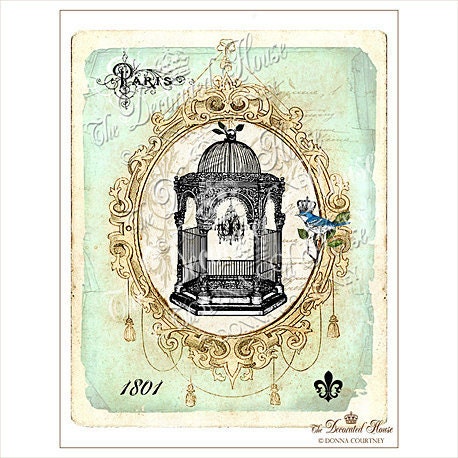 Blue Bird and Birdcage with Chandelier. Bird Cage. Art Print. Vintage Style. 8 x 10 inches by The Decorated House Etsy