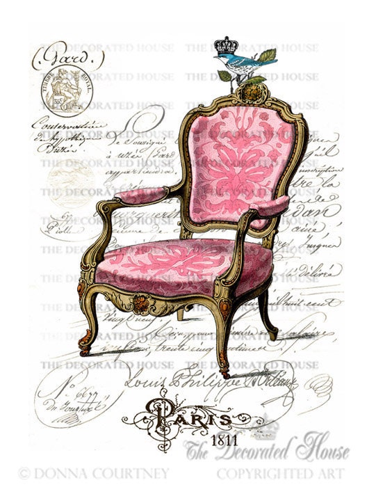 Vintage Style Art Pink French Chair with Antique French Script. Paris. 8 x 10  inches. by  The Decorated House on Etsy