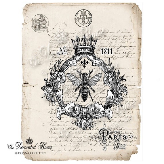 Queen BEE Art Print with Antique French Letter Background. Vintage Style Art Print.  8 x 10 inches. The Decorated House on Etsy